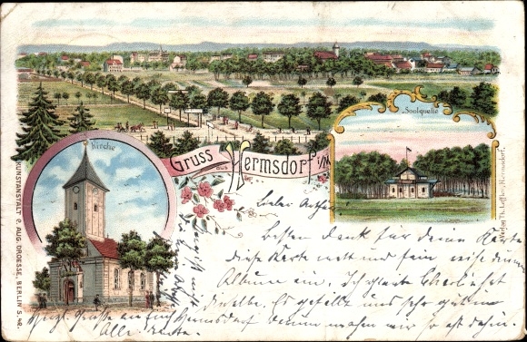 Chromo-Litho Berlin Reinickendorf Hermsdorf, view of the church, Soolquelle, long shot of the settlement