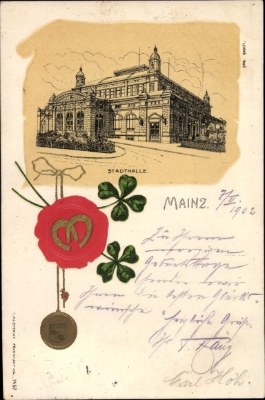 Künstler Litho Mainz am Rhein, Stdathalle, Kleeblätter, Münze, Hufeisen