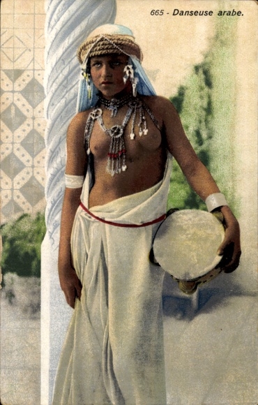 Postcard Morocco, Moroccan, belly dancer, tambourine, bare-breasted