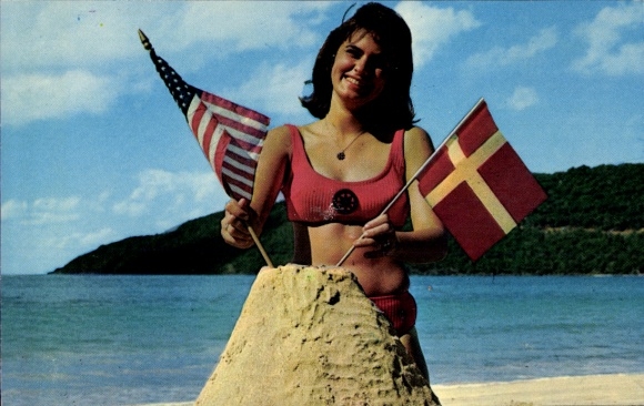 Postcard US Virgin Islands, woman in bikini on the beach, sandcastle