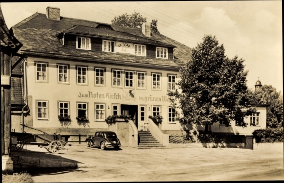 Postcard Hoheneiche Saalfeld Heights Saalfeld an der Saale, Inn Zum Roten Hirsch in the green forest