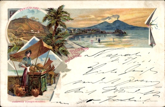 litho Napoli Napels Campania, Funicolare, Vesuvio, Venditrice d'Acque Minerali