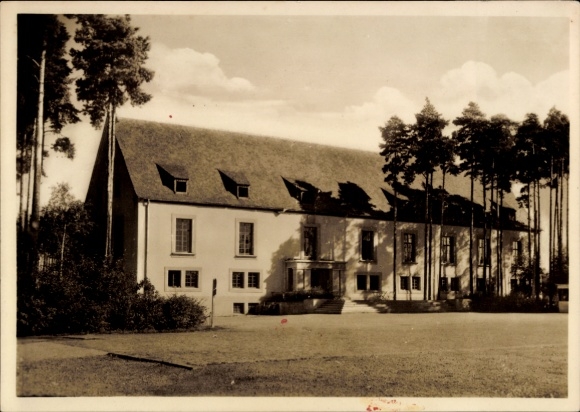 Postcard Hermsdorf in the Ore Mountains, large building, surrounded by trees, architecture, no people