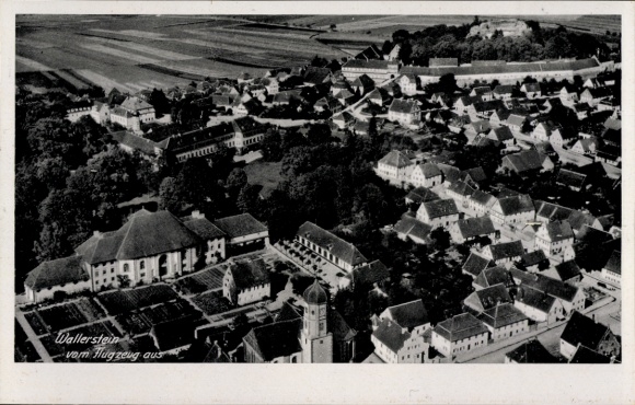 Postcard Wallerstein in Swabia, aerial view of houses and landscape, black sky