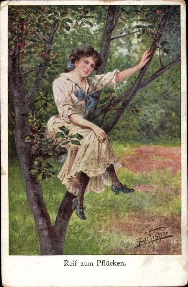Artist Postcard Fisher, Bill, Ripe for the picking, woman on a cherry tree