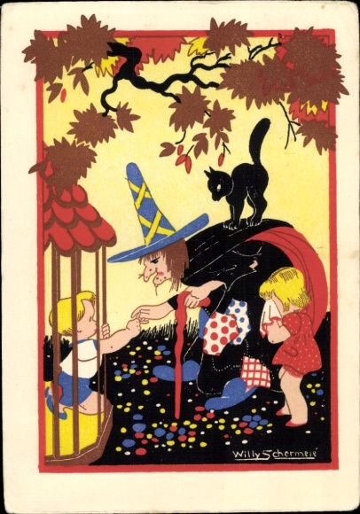 Artist Postcard Schermelé, Willy, Hansel and Gretel, fairy tales, Brothers Grimm, cage, witch