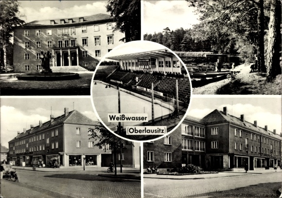 Postcard Weißwasser in Upper Lusatia, partial views, artificial ice rink