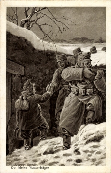 Artist Postcard Ranzenhofer, The little water carrier, Imperial and Royal soldiers in position, Alpine War