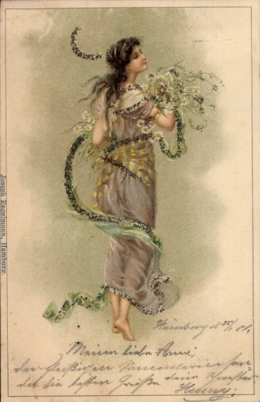Postcard Hamburg Altona Bahrenfeld, A young woman with a flower wreath in her hair and a dress stands barefoot on...