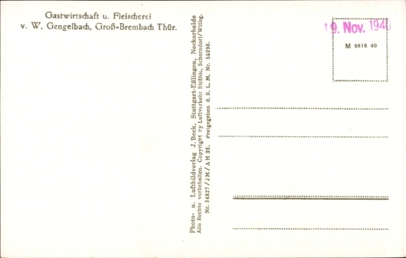 Postcard Großbrembach Buttstädt in Thuringia, aerial photograph, restaurant and butcher shop Gengelbach