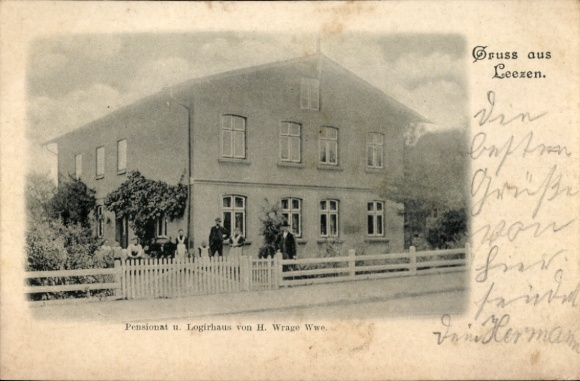 Postcard Leezen in Mecklenburg, boarding house and logir house of H. Wrage Wwe., greetings from Leezen