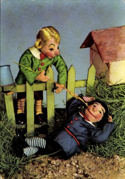 Postcard Max and Moritz, garden fence, grain stalk