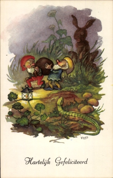 Artist Postcard Koen, Congratulations, Hartelijk Gefeliciteerd, Gnomes, Hand Lantern, Lizard