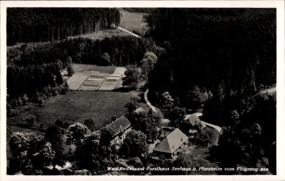 Postcard Pforzheim in the Black Forest, aerial photograph, forest restaurant Forsthaus Seehaus