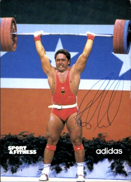 Postcard German weightlifter Rolf Milser, Olympic champion 1984, autograph