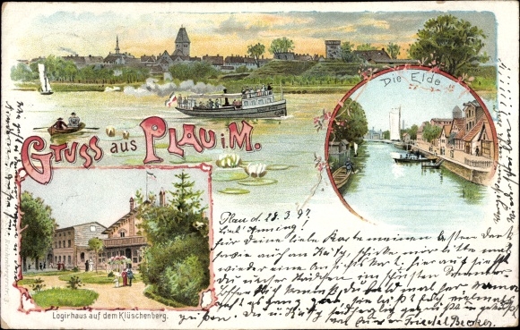 Chromo-Litho Plau in Mecklenburg, lodging house on the Klüschenberg, the Elde