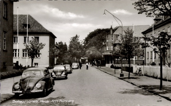 Postcard Soltau Lüneburg Heath Lower Saxony, black and white photography, road with cars, trees,...