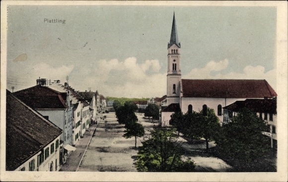Postcard Plattling in Niederbayern, town square, church