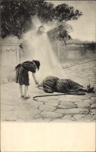 Artist PC Styka, Jan, Jesus with cross, man on the ground
