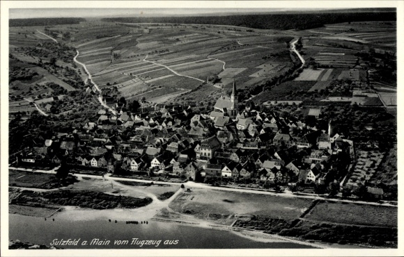 Postcard Sulzfeld am Main in the district of Kitzingen, bird's eye view of Sulzfeld, river, fields, houses
