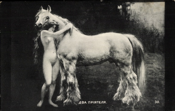 Artist Postcard Styka, Jan, Good Friends, Naked Woman Embracing Horse