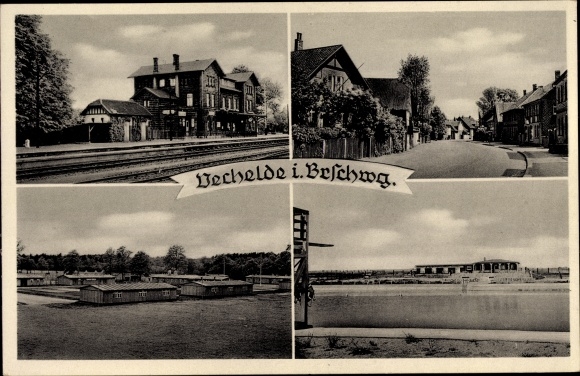 Ak Vechelde Nedersaksen, treinstation, straatgedeelte, buitenzwembad, kazerne