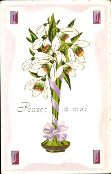 Embossed Postcard bouquet, snowbells, bow, kitsch