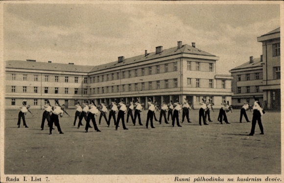 Postcard Czech Republic, morning exercise in the barracks