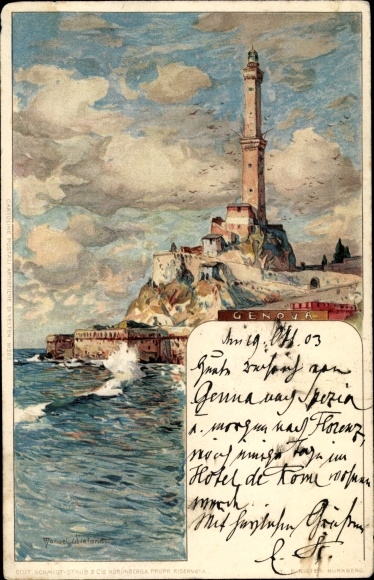 Artist Chromo-Litho Wielandt, Manuel, Genova Genoa Liguria, coast, lighthouse