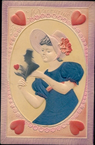 Fabric Postcard Valentine's Day, girl portrait, hearts, hat