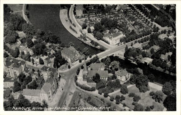 Postcard Hamburg Nord Winterhude, aerial photograph, ferry house, Eppendorf church