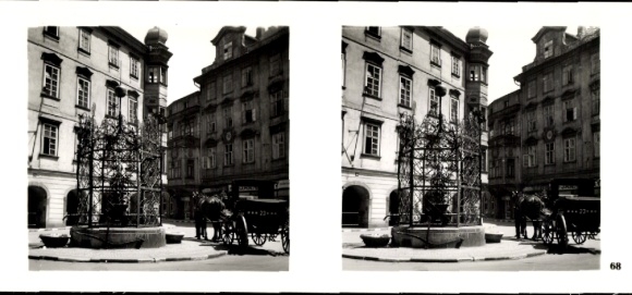 Zdjęcie stereo Praha Praga, Stare Miasto, Mały Pierścień, fontanna, Dom Białego Lwa