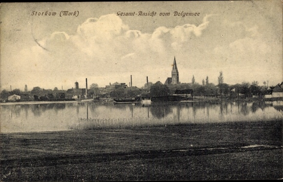 Postcard Storkow in der Mark, view of the town from Dolgensee
