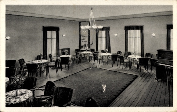 Ak Stadtroda in Thüringen, Foyer mit Tischen, Stühlen, Klavier, Tageslicht, Teppich