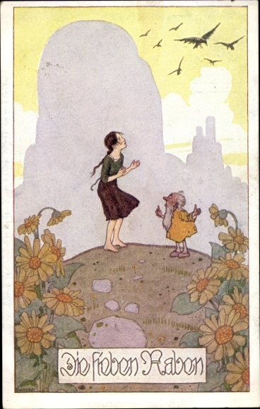 Artist Postcard Kutzer, E., fairy tale The Seven Ravens, girl, old man, flowers