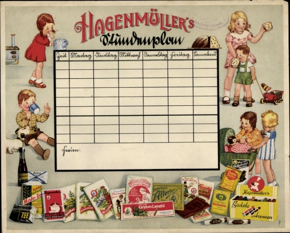 Timetable Hagenmüller foodstuffs, mate tea, baking powder, flavorings, packaging around 1930