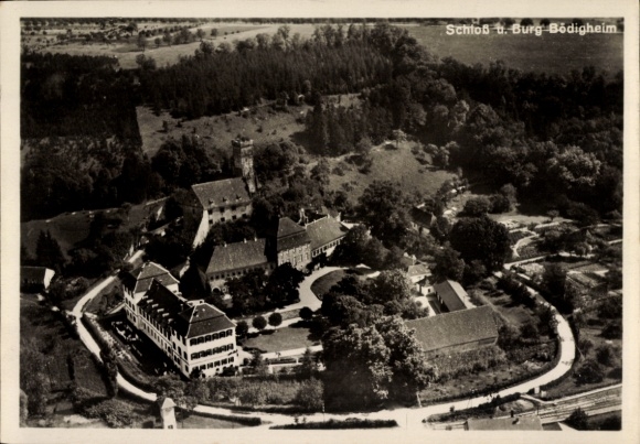 Ak Bödigheim Buchen in het Odenwald Baden, luchtfoto, kasteel en kasteel