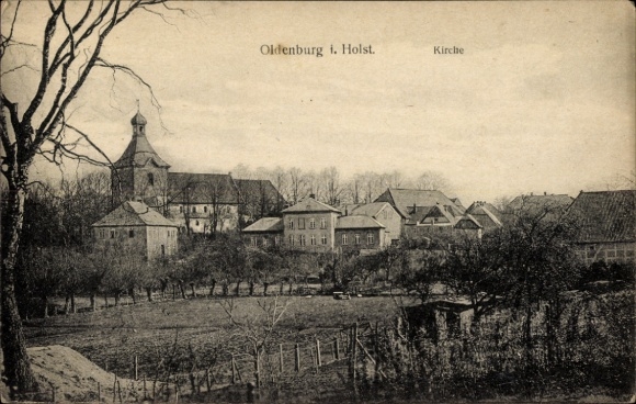 Postcard Oldenburg in Holstein, church, historic buildings, rural landscape, trees