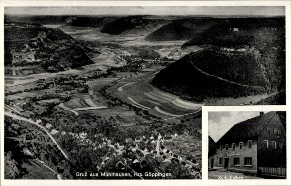 Postcard Mühlhausen im Täle Württemberg, aerial photograph, inn and butcher shop at the Falken