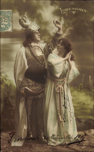 Ak theaterscène, acteur, Lohengrin, ridder, vrouw