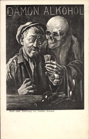 Artist Postcard Schmid, G., Demon Alcohol, Man and Death, Alcohol