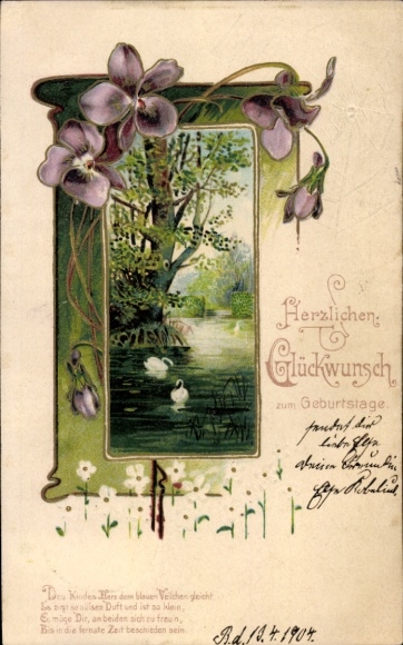 Postcard birthday greetings, lake view, swans