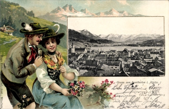 Stamped PC Sonthofen in the Oberallgäu region of Swabia, general view. Loving couple