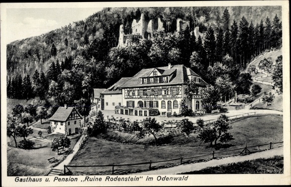 Postcard Franconian Crumbach in the Odenwald, Rodenstein Castle, inn and pension ruin Rodenstein