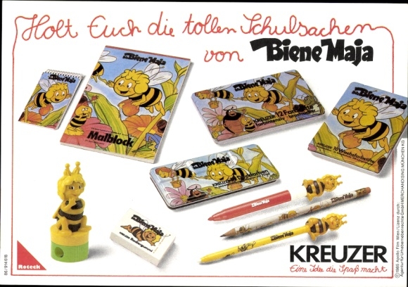 Timetable Kreuzer school supplies, Maya the Bee figures, pens, erasers around 1980