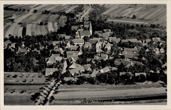 Postcard Bohlsbach Offenburg in Baden Black Forest, aerial view of Bohlsbach, church, fields, residential houses