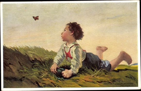 Künstler Ak Untersberger, Andreas, Entwischt, Kind auf einer Wiese, Schmetterling
