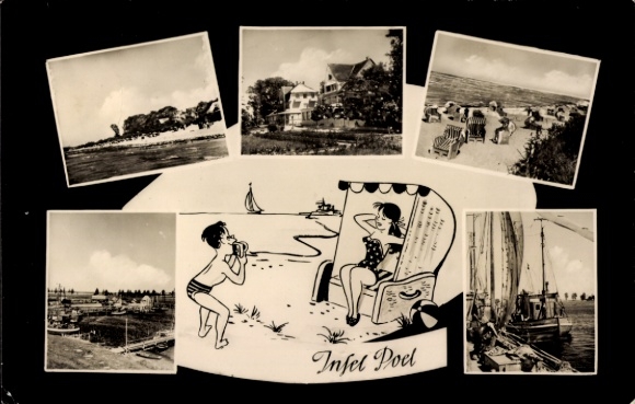 Postcard Insel Poel, Kirchdorf, Schwarzer Busch, beach, woman in a beach chair, man with camera