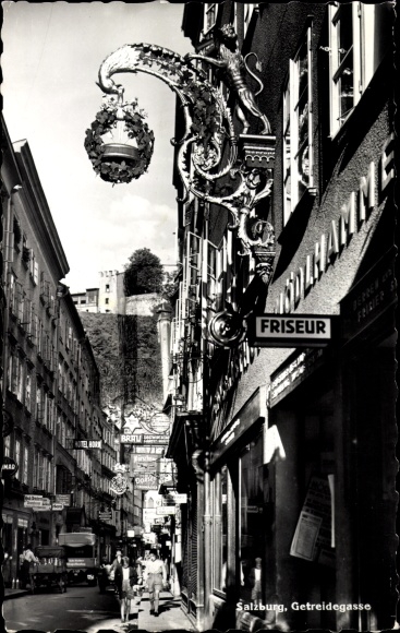 PC Salzburg in Austria, Getreidegasse, shops, hairdresser