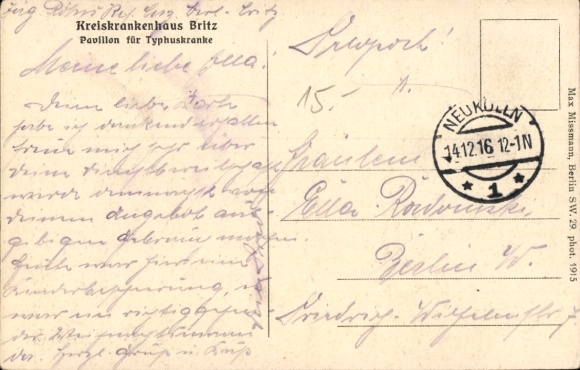Postcard Berlin Neukölln Britz, District Hospital, Pavilion for Typhoid Patients